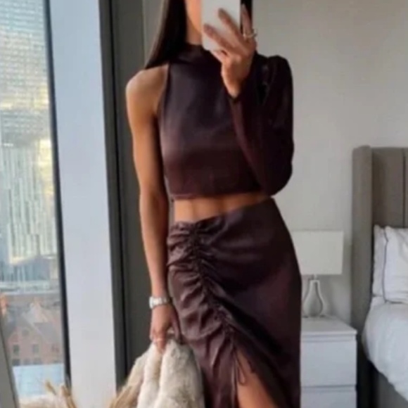 NWOT Zara Small Brown Satin Asymmetrical Top - Picture 5 of 11